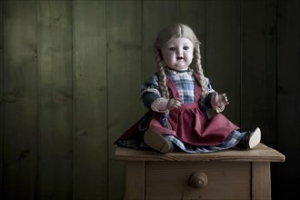 Antique doll sitting on a small chest of drawers