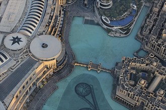 View from Burj Khalifa towards Dubai Mall and Fountain Lake