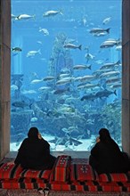 Two Arab women talking on their cell phones in front of an aquarium in The Lost Chambers