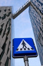 Zebra crossing sign in front of the Bella Sky Comwell Hotel in Oerestaden