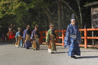 Final procession of Shinto helpers at the riders competitions at the traditional Kamigamo Shrine