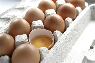 Eggs in an egg carton with one broken egg