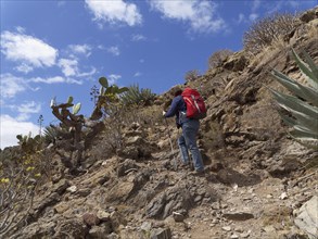 Woman wearing a backpack while hiking along a mountain path over Valle Gran Rey