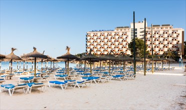 Section of beach near Palma Nova with sunbeds and hotels