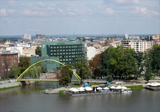 View over the city with Park Plaza Hotel on the river Oder
