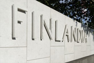 Word 'Finlandia' on the facade of Finlandia-talo or Finlandia Hall