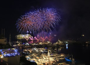 Fireworks over Port Hercule with yachts and cruise ship