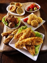 Party buffet food with southern fried chicken