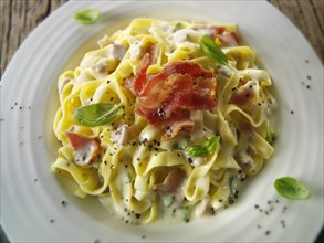 Traditional Italian Pasta Carbonara with Tagliatelle