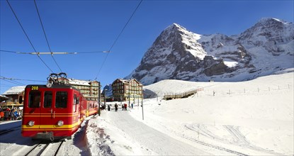 Jungfraujoch train at Kleiner Scheidegg in winter with the mountains Eiger