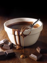 Melted chocolate being stirred in a bowl
