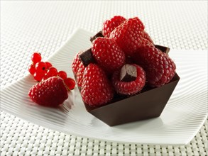 A modern square chocolate cake filled with chocolate truffle and topped with fresh raspberries