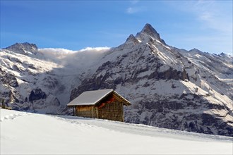 Mountain chalet in winter in front of Wetterhorn mountain