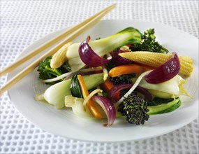 Oriental vegetarian stir fry with rice and chilli dipping sauce