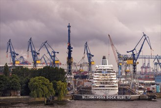 Ship in the dock of the Blohm + Voss shipyard in Hamburg