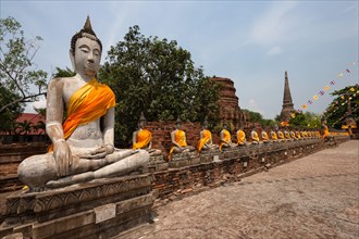 Seated Buddha statues in the garden of Wat Yai Chai Mongkon