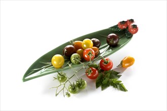 Wild tomatoes in an elongated leaf-shaped bowl