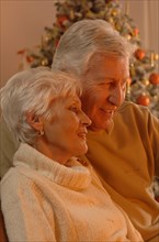 Mature couple in love sitting in front of a Christmas tree
