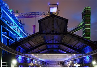 Illuminated view of the former steel plant in Landschaftspark Duisburg Nord