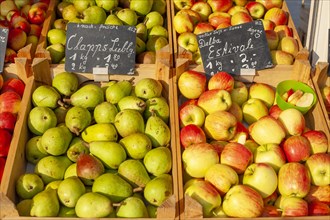 Fresh apples and pears with price tags in wooden boxes at a market stall