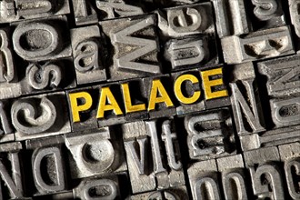 Old lead letters forming the word PALACE