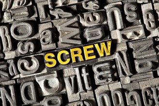 Old lead letters forming the word 'SCREW'