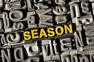 Old lead letters forming the word 'SEASON'