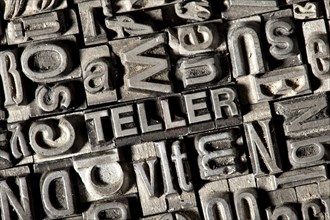 Old lead letters forming the word TELLER