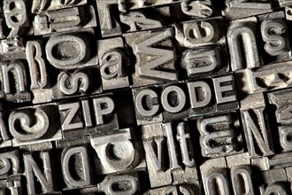 Old lead letters forming the term ZIP CODE