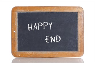 Old school blackboard with the term Happy end
