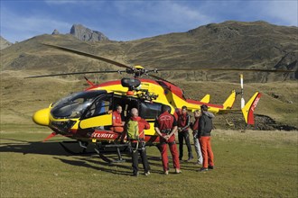 Team of the Securite Civile rescue organization preparing themselves for duty in Vallee d'Ossoue in the French Western Pyrenees