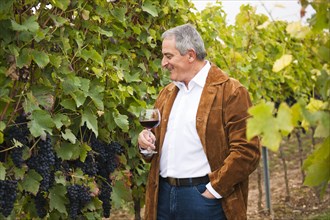 Winemaker or vintner standing with a glass of red wine in his vineyard
