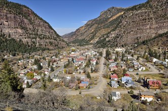 View from the mountain pass of Highway 550 over the gold and silver mining town of Ouray