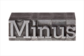 Old lead letters forming the word 'Minus'