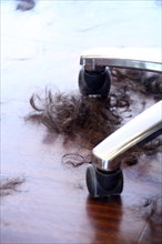 Hair lying on the floor next to a hairdresser's chair