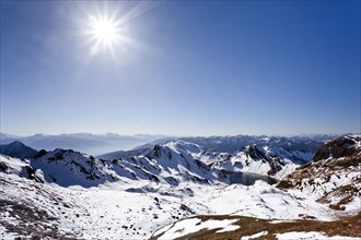 View while ascending Wilde Kreuzspitze Mountain over the Pfunderer Mountains