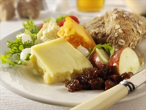 Traditional Ploughman's lunch with Cheddar and Lancashire cheese