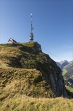 Hoher Kasten mountain with the 72 m high Swisscom telecommunication tower and the old mountain inn