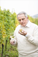 Winemaker or vintner holding a glass of wine in his vineyard
