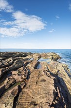 Rugged coastline with eroded sandstone on the Moray Firth at Tarbat Ness