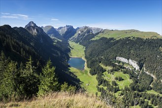 View of the Appenzell Alps and lake Saemtisersee as seen from the geological mountain trail