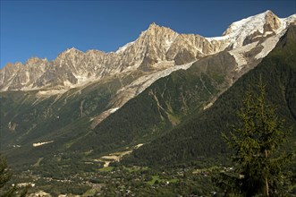 Chamonix Valley with the peaks of Aiguille du Midi and Mont Blanc du Tacul