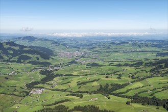 View of the Appenzellerland region and the town of Appenzell as seen from Hoher Kasten mountain