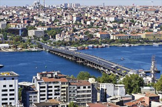View of Istanbul with the Atatuerk Bridge and the Bosphorus as seen from the Galata tower