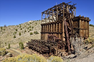 Wooden mining ruins in the historic silver mining town of Pioche