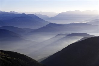 View from the Benediktenwand ridge into the Brandenberg Alps and Karwendel Alpine ridge