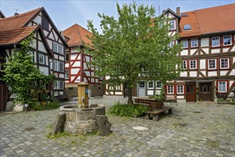 Half-timbered houses and fountain on a small square