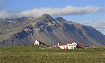 Farm and mountain scenery with eroded scree slope in the evening light near Hofn
