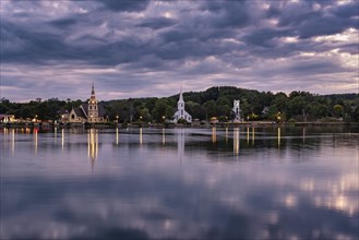 View over the bay Mahone Bay with three churches