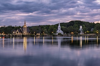 View over the bay Mahone Bay with three churches